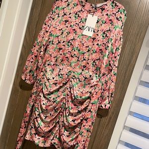 Pink floral Zara dress long sleeve mini with tie waist